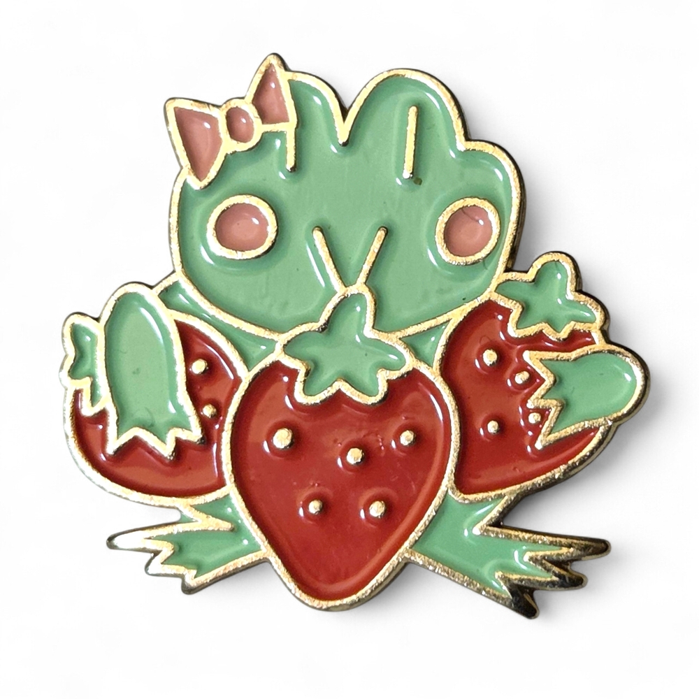 Cute Frog and Strawberry Enamel Pin with Pink Bow - Gold Tone NWOT